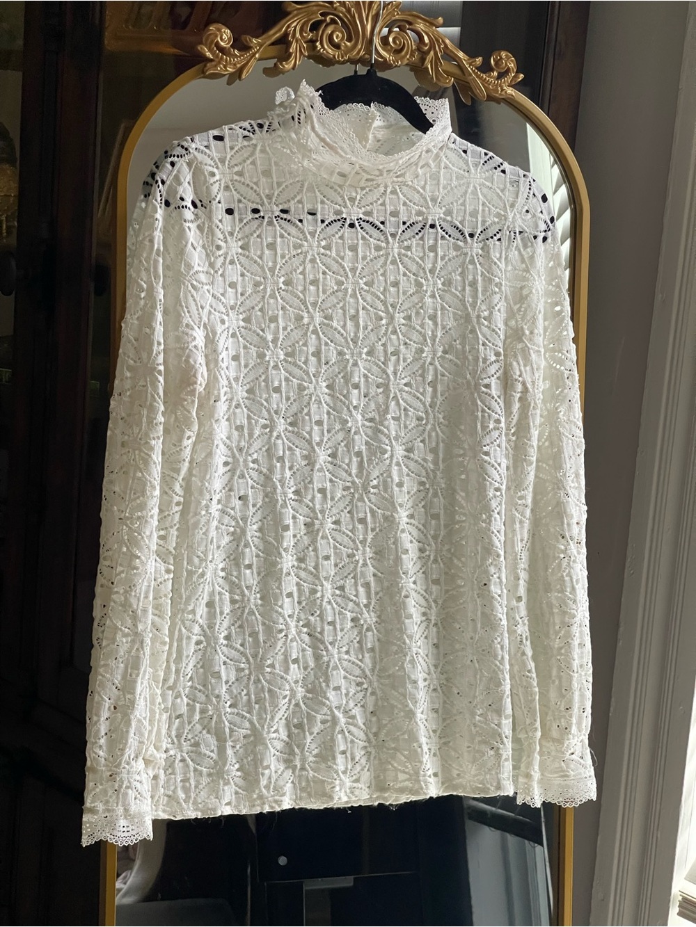 Free People Intimately White Lace Sheer High-Neck Long Sleeve Top